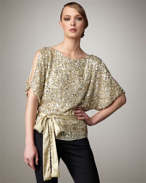 Aidan Mattox Gold Cold Shoulder Sequin Top Lyst Ladies Top Design