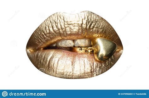 female golden mouth isolated woman sensual gold lips isolated on white clipping path stock