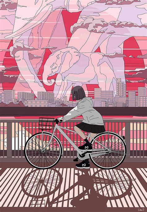 Elephant Clouds Anime Bicycle Chill Elepeant Girl Lofi Magenta