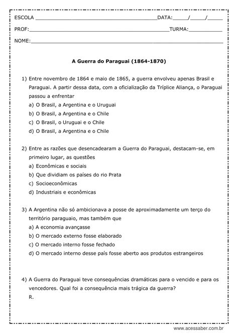 Guerra Do Paraguai Exercicios