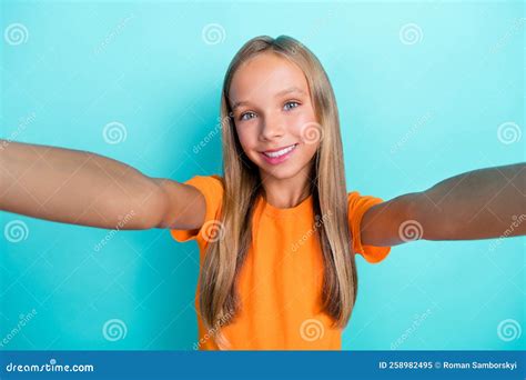 Selfie Closeup Photo Of Young Blonde Hair Positive Smiling Blogger Hold