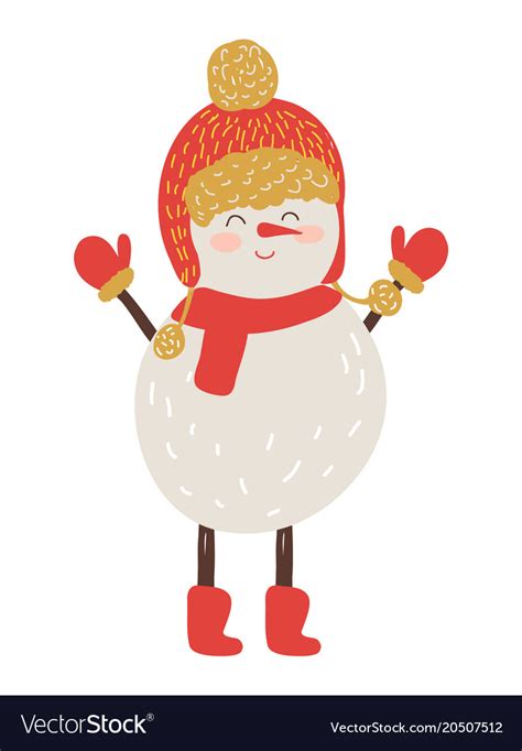 Snowman In Red Hat And Scarf Royalty Free Vector Image