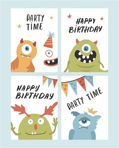 Birthday Cards Set With Cute Monsters Cartoon Monsters Collection