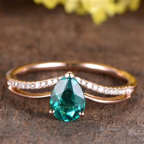 5x7mm Pear Shaped Lab Treated Emerald Engagement Ring14k Rose Gold