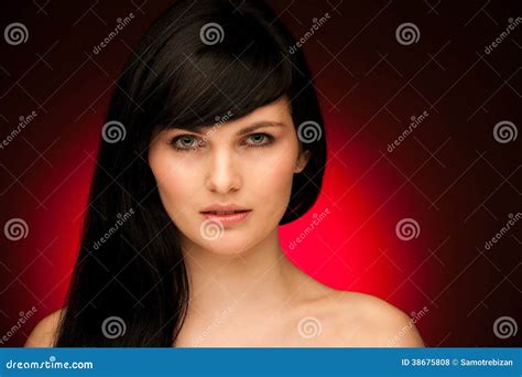 Beauty Portrait Of Beautiful Woman With Black Hair And Blue Eyes Stock