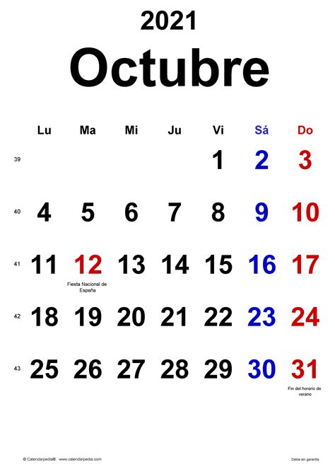 Calendario Octubre 2021 En Word Excel Y Pdf Calendarpedia