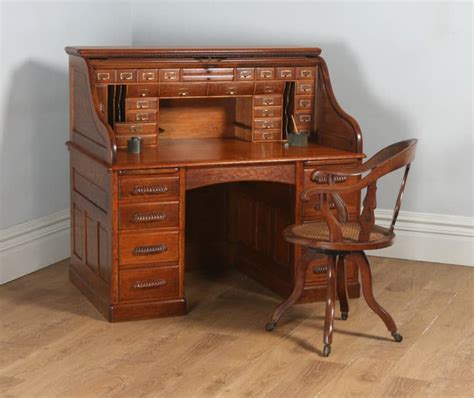 Antique English Victorian Oak Roll Top Pedestal Office Desk Circa 1890