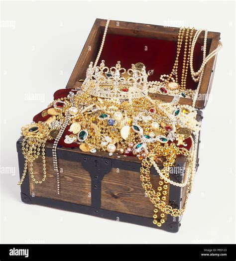 Open Treasure Chest Overflowing With Jewellery Elevated View Stock