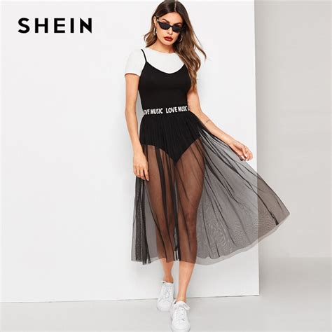 Shein Sexy Black Solid Cami Skinny Bodysuit And Lettering Waist Sheer Mesh Midi Skirt Set Women