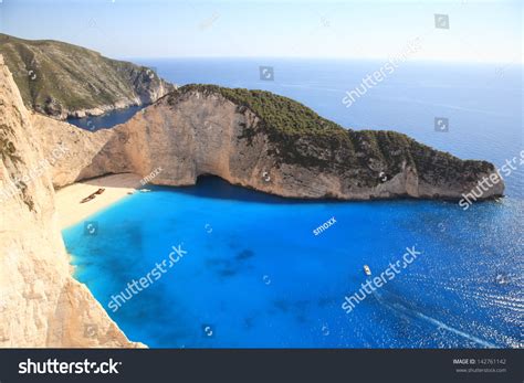 Beautiful White Beach Shipwreck Greek Island Stock Photo