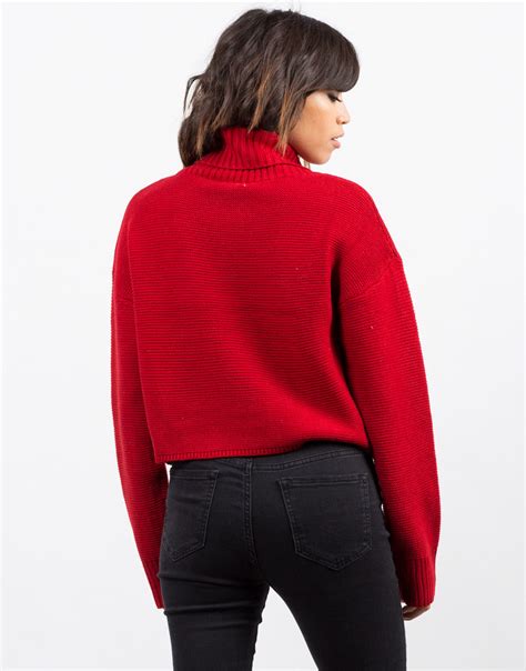 Oversized Crop Turtleneck Sweater Red Top Knit Sweater 2020ave