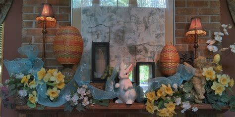 Easter Mantel With Basket Eggs Spring Flowers Ceramic Rabbits Blue