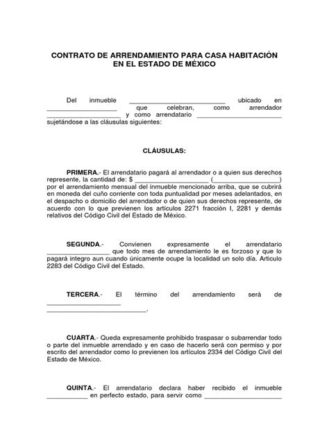 Contrato De Arrendamiento Para Casa Habitación En El Estado De México