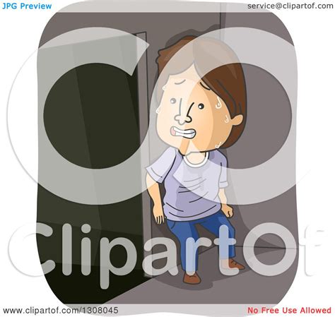 Clipart Of A Cartoon Scared Brunette White Man Hiding Behind A Wall