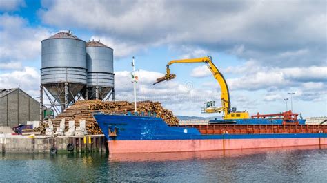 Crane With Wood Logs Gripple Loading Timber On Cargo Ship Stock Image