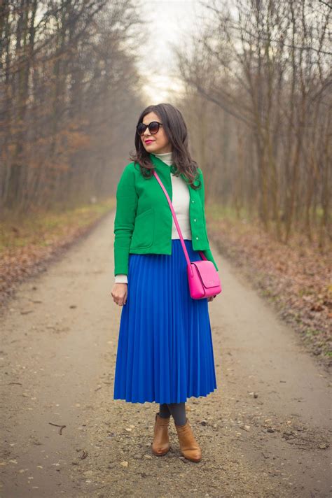 Green Jacketcobalt Blue Pleated Skirt White Sweater Hot Pink Bag Brown Boots Blue Pleated