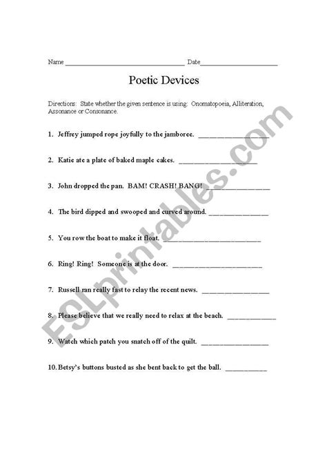 English Worksheets Poetic Devices