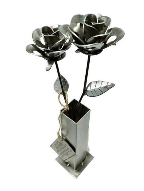 two metal roses and vase recycled metal roses with vase etsy uk scrap metal art metal art