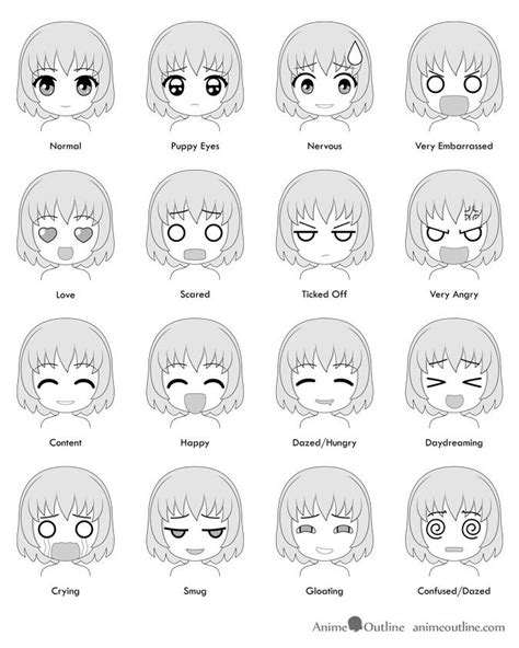 an anime character s face chart with different facial expressions and hair styles including the