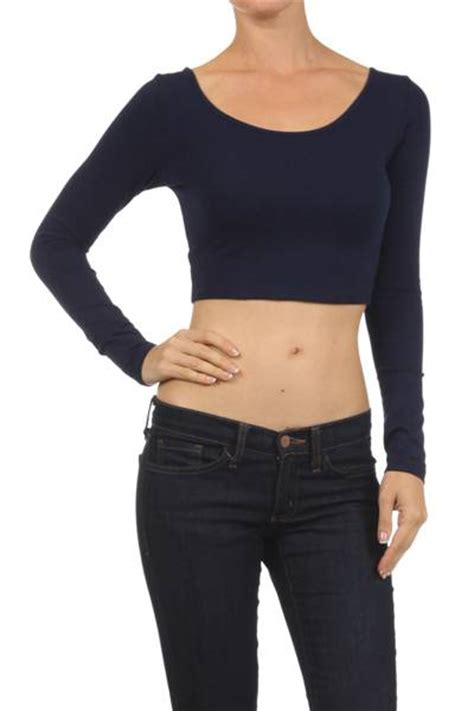 Sexy Solid Scoop Neck Long Sleeve Deep Back Fashion Cropped Belly Tee