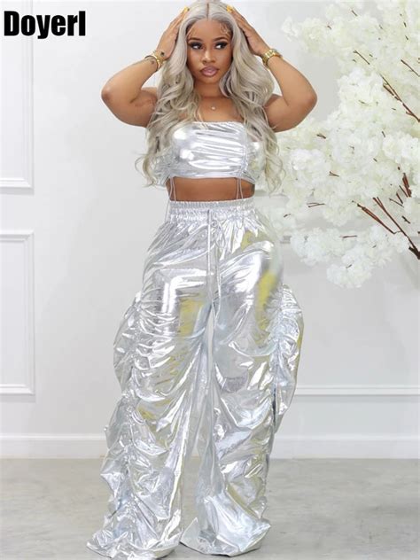 Gold Sliver Metallic Birthday Outfits Women Two Peice Sets Club Party Crop Top And Pants