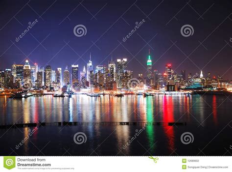 New York City Skyline At Night Stock Photo Image Of