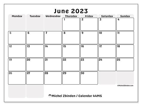 Calendar June 2023 Boxes Ms Michel Zbinden Gb
