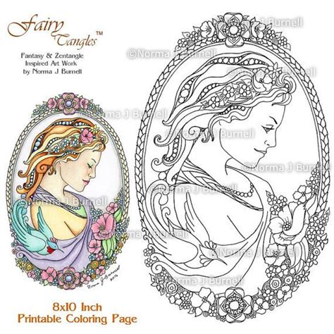 Cameo Fairy And Bird Fairy Tangles Printable Coloring Pages Etsy