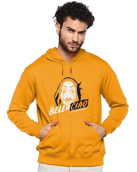 buy men s yellow printed regular fit hoodie online at bewakoof