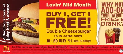 To get latest mcdonalds malaysia coupon, coupon code and deals, you are advised to check this page oftern. Buy 1 Free 1 McDonald's Double Cheeseburger (Extended ...