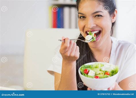 Happy Businesswoman Eating Healthy Salad Stock Photo Image Of Front
