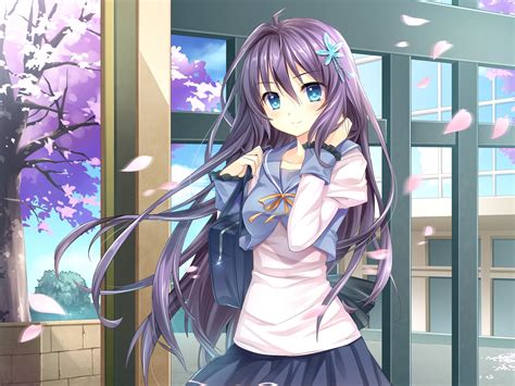 Wallpaper Schoolgirl Anime Girl Purple Hair Sakura Bloom 2880x1800