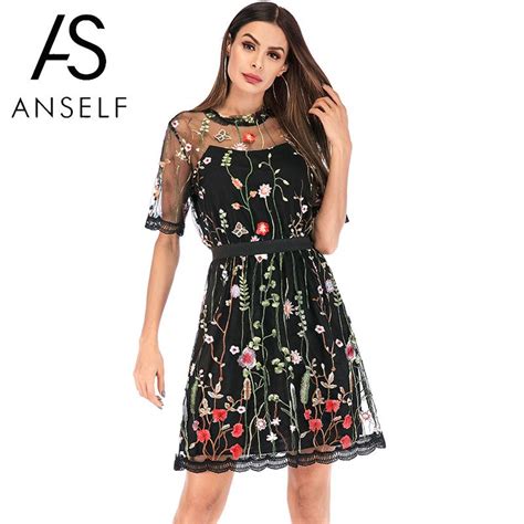 Anself Sexy Women Mini Dress Floral Embroidery Sheer Mesh Short Sleeve