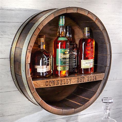 Personalized Reclaimed Whiskey Barrel Bar Shelf Wine Enthusiast
