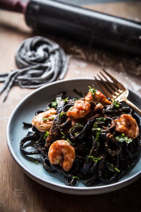 Homemade Squid Ink Pasta With Shrimp And Garlicky Tomato Sauce What