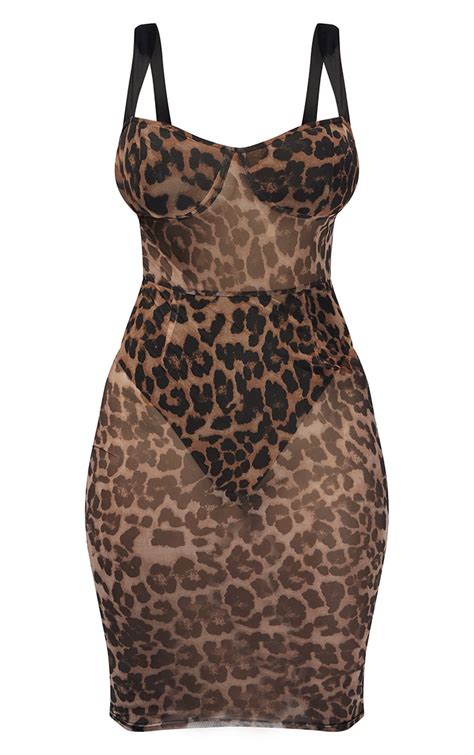 Shape Brown Leopard Mesh Cup Midi Dress Prettylittlething