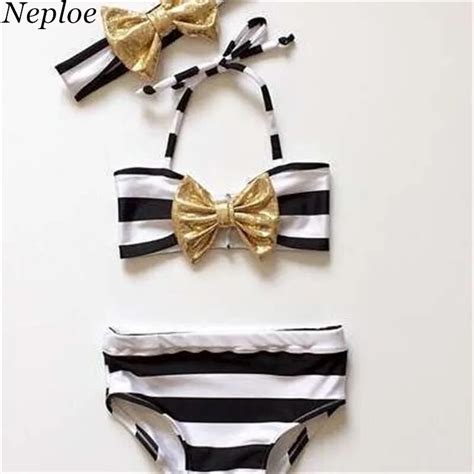 Neploe Bow Tie Striped Girls Bikini Set With Hair Band Lace Up Halter
