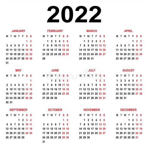 Calendario Para 2022 La Semana Comienza El Lunes Plantilla Vectorial