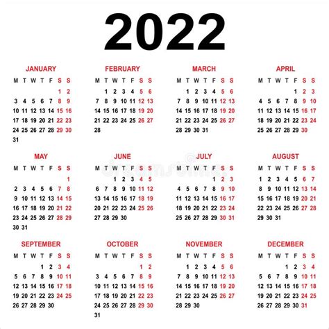 Calendario 2022 La Semana Comienza El Domingo Cuadrícula Básica