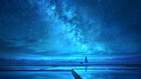 Download 1280x720 Anime Landscape Blue Sky Stars Night
