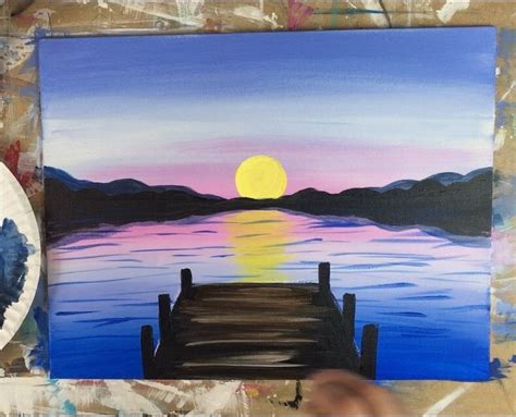 How To Paint A Sunset Lake Pier Sunset Canvas Painting Sunset