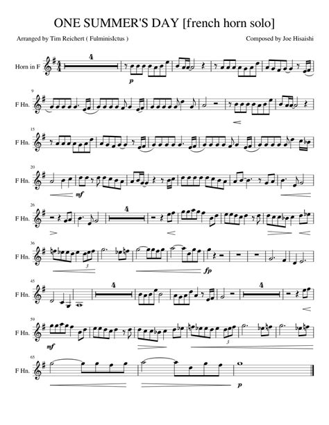 Studio Ghlibli One Summers Day French Horn Solo Sheet Music For