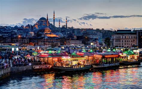 Turkey Istanbul Cityscape Crowds Mosques Lights Boat Coast Architecture