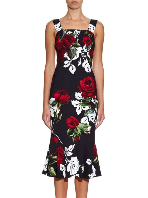 Dolce And Gabbana Fluted Hem Rose Print Dress In Black Lyst