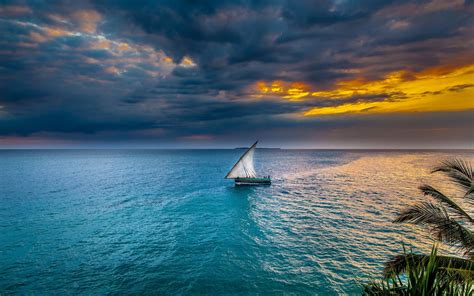 Sailboat On Body Of Water Wallpaper Sunset Sea Sky Sailing Ship