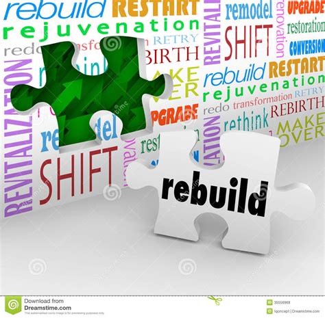 Rebuild Word Puzzle Piece Wall Reinvent New Start Stock Illustration