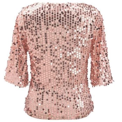 Pink Glitter Sparkly Sequin Top Round Neck Short Sleeve Fashion
