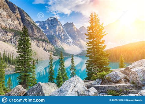 Dramatic Sunrise At Moraine Lake In Banff Alberta Canada Stock Photo