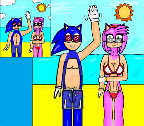 Sonic And Amy At The Beach In Their Swimsuits By Cvgwjames On Deviantart