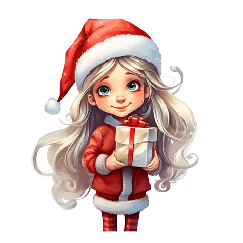 Cartoon Girl In Santa Claus Costume With Christmas Present Santa T
